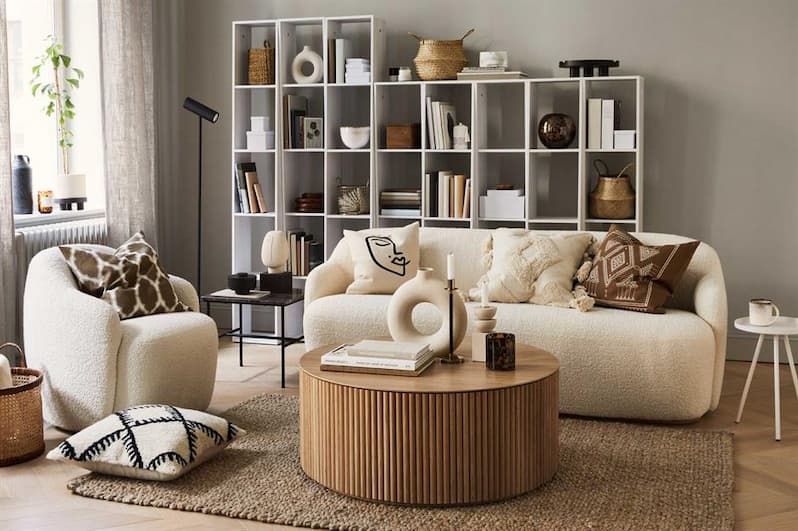 modern beige furniture for living room decorative pillows coffee table and side tables