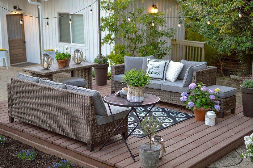 garden outdoor furniture on wooden deck 