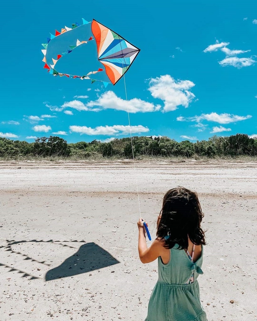 little girl flying a kite in the beach