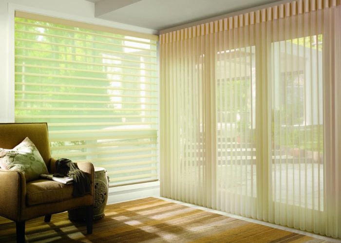 room with big windows and vertical blinds